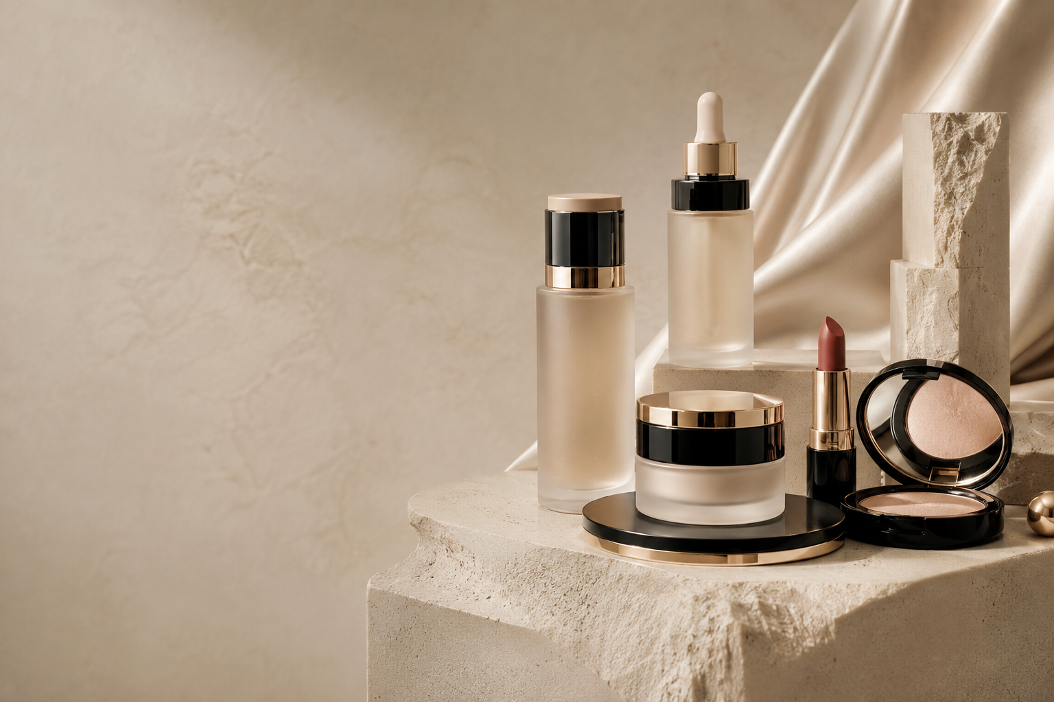 Luxury skincare and cosmetics arranged on ivory stone
